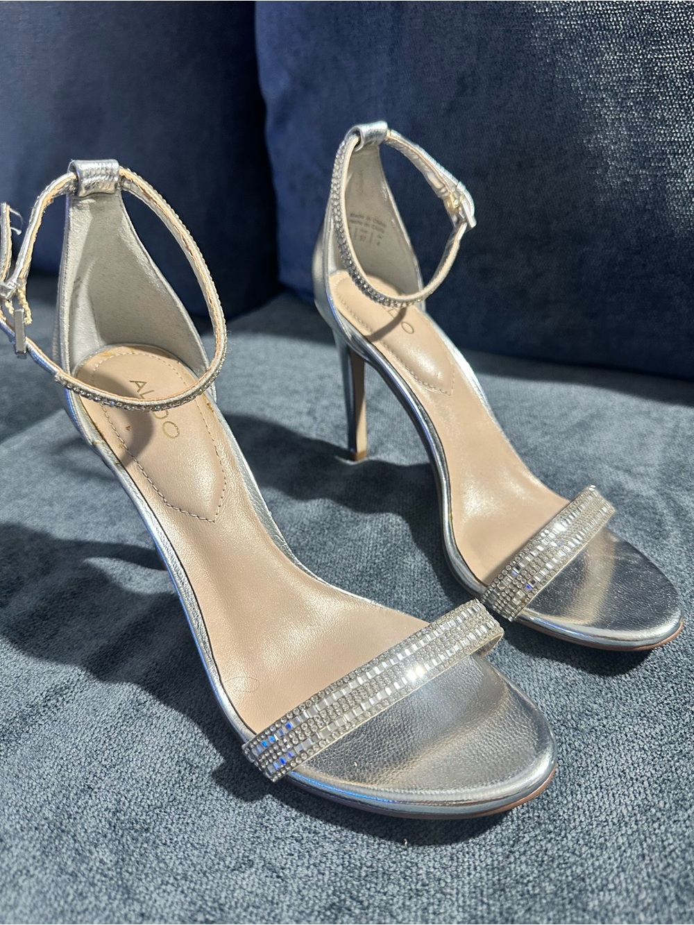 Aldo Silver Rhinestone Ankle-Strap Stilettos